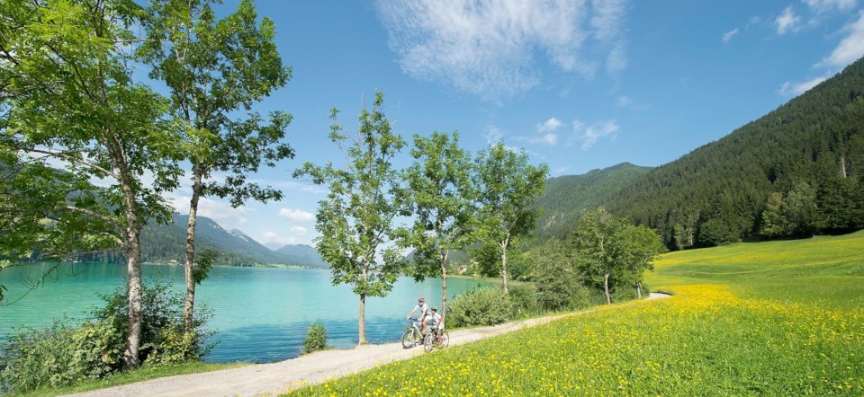 Weissensee Radfahrer Wiese See Berge Wald
