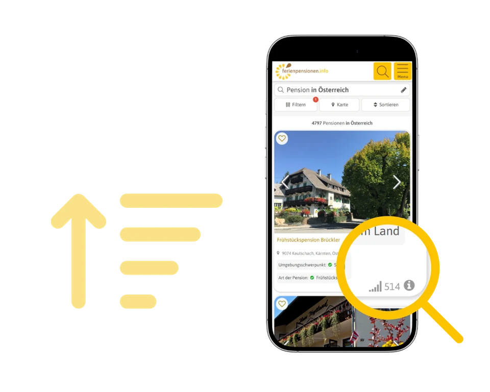 Mockup Reihung der Ferienpensionen