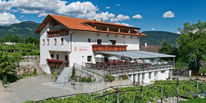Pensionen - Frühstück: Frühstücksbuffet - Dorf Tirol - Außenansicht unseres Gasthofes mit Sonnenterrasse - Gasthof Falger