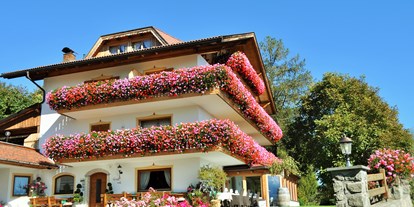 Pensionen - Frühstück: Frühstücksbuffet - Oberinn am Ritten - Ausblick auf die Blumen der Pension Erlacher  - Hotel Pension Erlacher