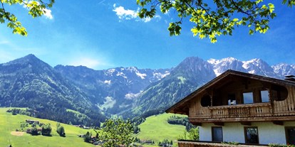 Pensionen - Umgebungsschwerpunkt: See - Reith bei Kitzbühel - Steindlhof im Sommer, im Hindergrund der Zahme Kaiser - Steindlhof