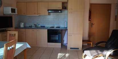 Pensionen - Pfalzau - die eingerichtete Küche mit Kühlschrank, Herd, Mikrowelle, Wasserkocher - Appartment Robert