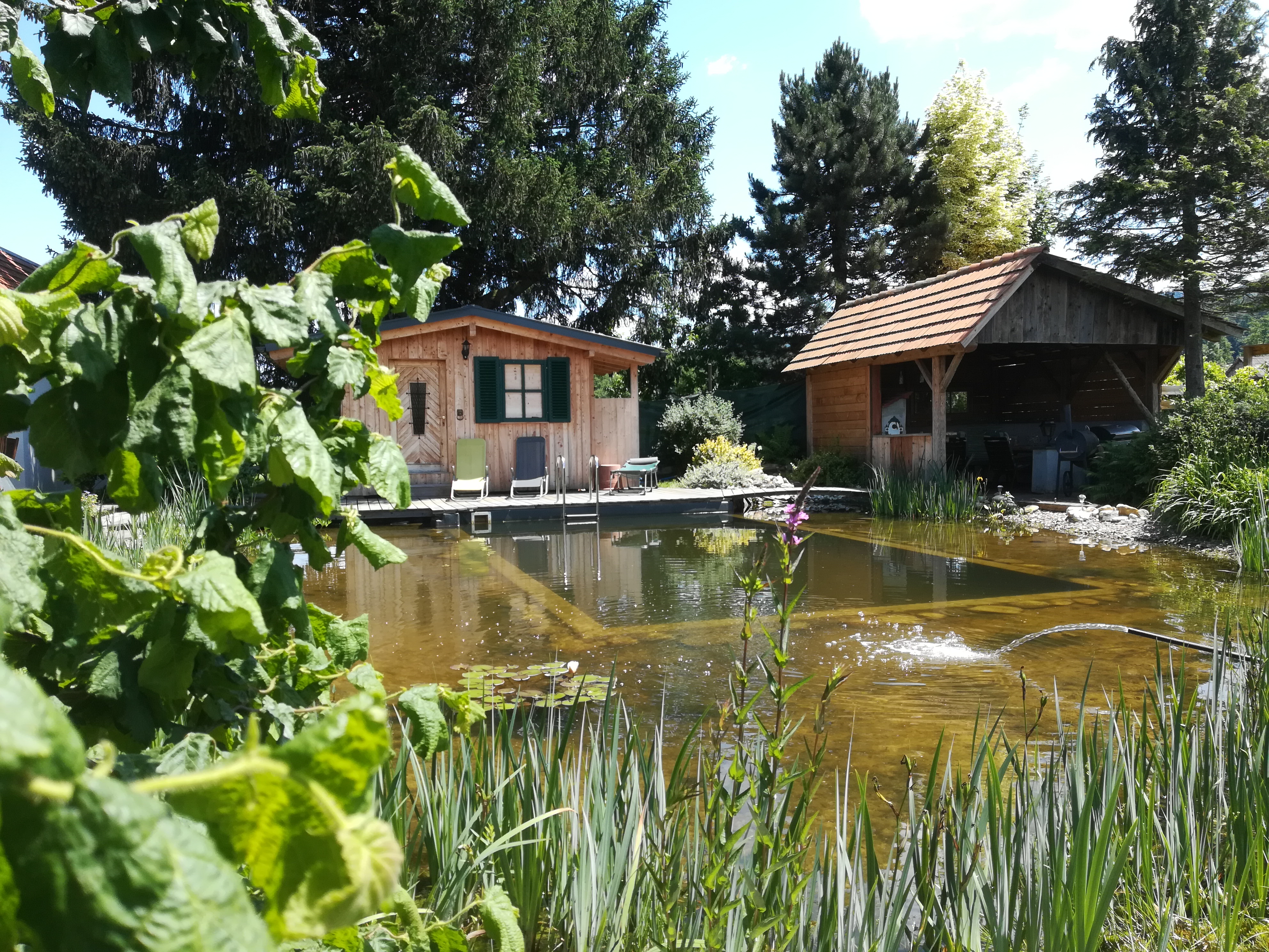 Pensionen - Arnfels - Unser Schwimmteich mit der Saunahütte und der Grillhütte - Pension Wolkenreich