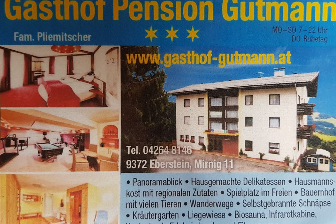 Frühstückspension:  Genießen sie einen Kurztripp auf der Saualpe beim #_Gutmann# in 1000Meter Seehöhe.
Mit 6 gut beschilderten Rundwanderwege zwischen 1 bis 8 Stunden Gehzeit, direkt vom und bis zum #Hotel zurrück, mit Ausblick über  #Kärnten - Gasthof Pension Gutmann 