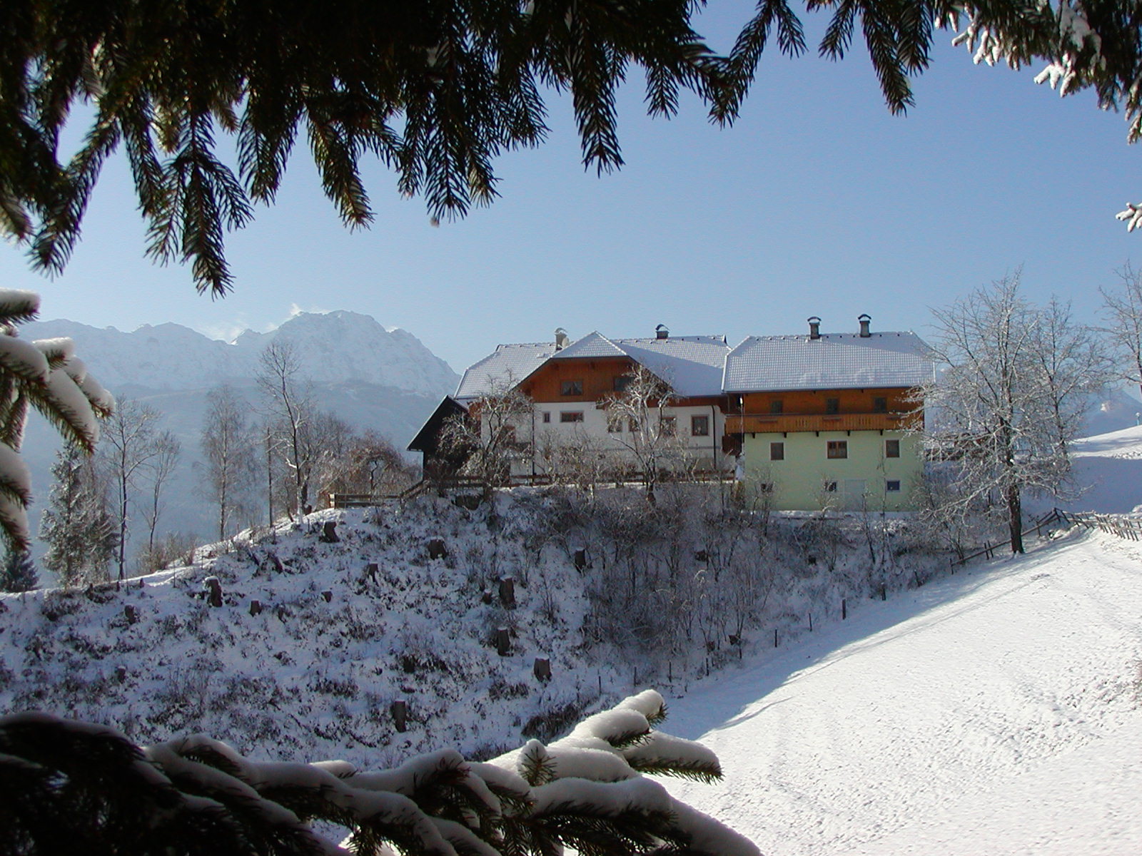 Pensionen - Balkon - Kötschach-Mauthen - Blick auf unsere Waldpension im Winter. - Waldpension Ranner - Ferienwohnungen