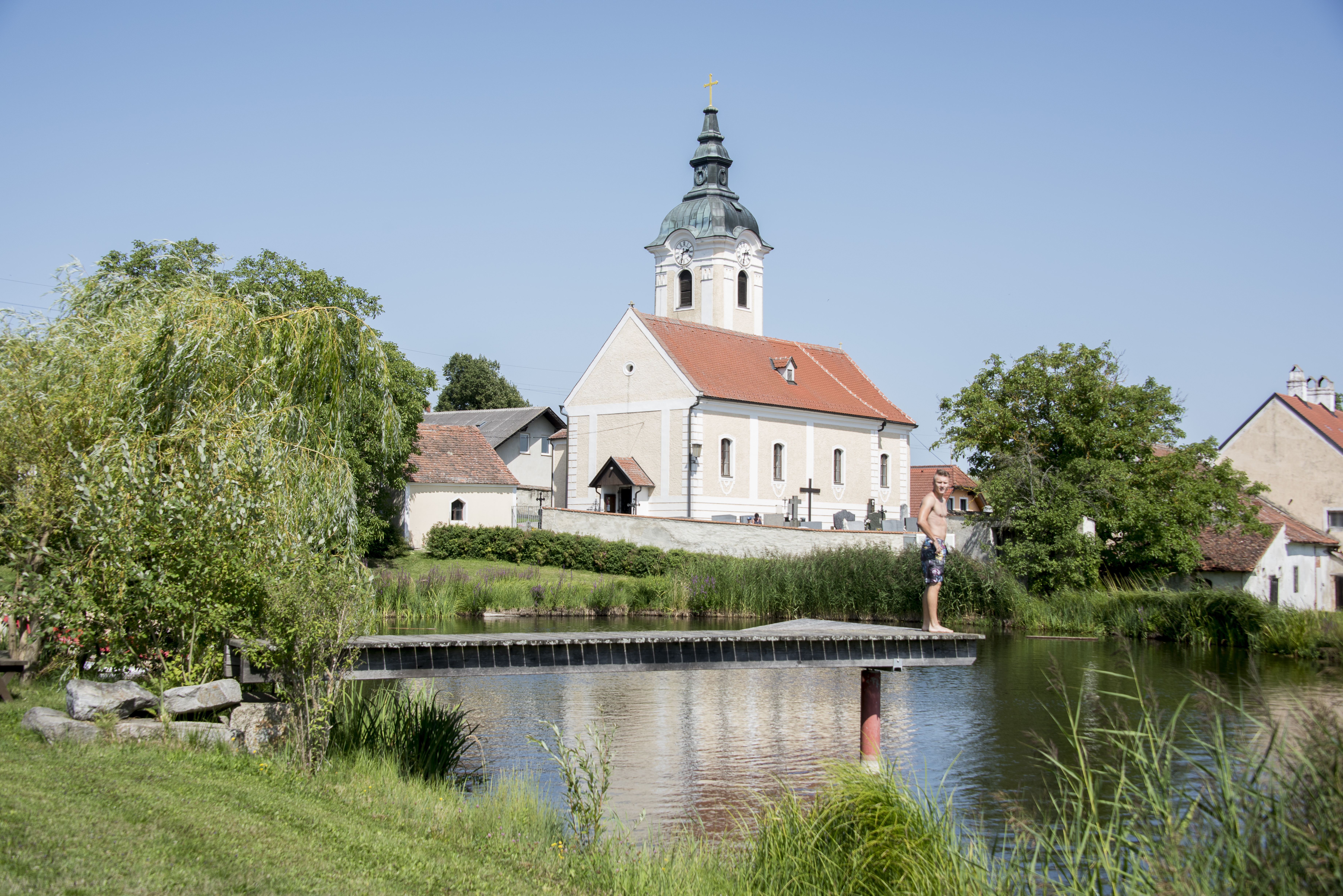 Frühstückspension: der nur 100m entfernte Naturteich bietet Spaß und Abkühlung - Biohof Erdinger