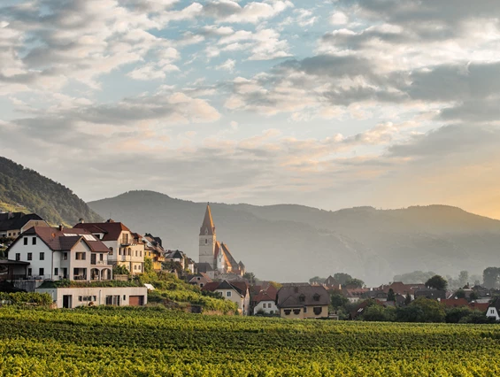 Frühstückspension: Weissenkirchen mit Blilck auf unser Gästehaus - Weingut u. Gästehaus Bernhard